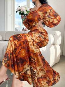 Modelyn Women's Elegant Floral Print Lantern Sleeve Fishtail Dress