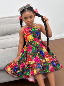 Young Girl Elegant Minimalist Halter Floral Print Sleeveless Dress - Pink - View 5