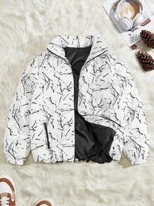 EURMUSE Plus Size High Quality All Over Printed Regular Winter Coat - White - View 1