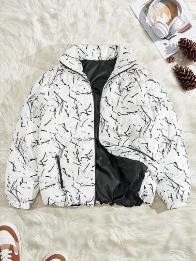 EURMUSE Plus Size High Quality All Over Printed Regular Winter Coat