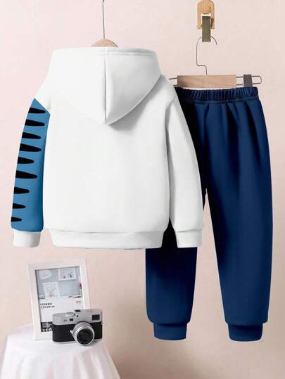 SHEIN 2 件套年轻男孩宽松休闲卡通动物、恐龙、风景、3D、涂鸦超大图案连帽卫衣套装，舒适适合秋冬季