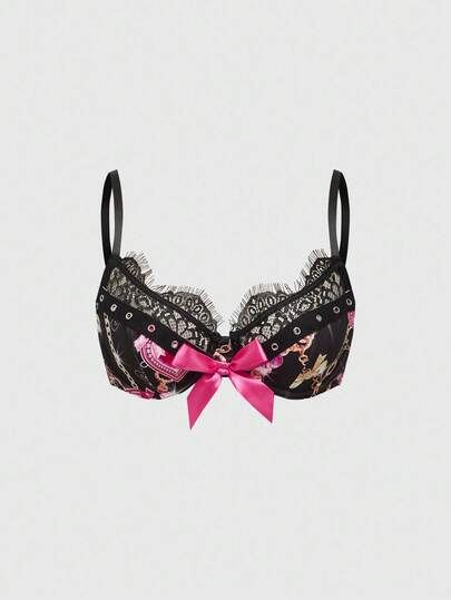 J-Fashion Collier rose en forme de cœur avec diamants, design de texte avec strass, soutien-gorge à armatures avec bordure en dentelle à œillets, style Gyaru Shibuya J-mode