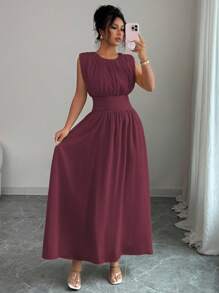 Elenzga Váy Maxi Chiffon Thanh Lịch Thường Ngày Cho Nữ Có Eo Xếp Ly, Dáng Chữ A, Thích Hợp Đi Làm, Đi Nghỉ, Tiệc Trà Chiều, Tiệc Tùng, Màu Trơn, Xuân/Hè - Màu Tím - Xem 4