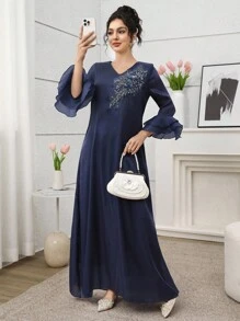 SHEIN Najma Women's V-Neck Beaded Floral Double Ruffle Sleeve Arabic Style Dress, Spring/Summer - Navy Blue - View 2