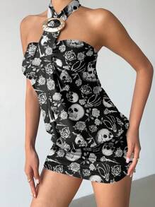 Aloruh Đầm ngắn hở lưng họa tiết hoa hồng xương rồng gợi cảm phong cách Halloween Y2K dành cho nữ, đầm Halloween - màu đen - Xem 7