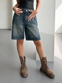 Dazy Star 實色牛仔短褲,帶有口袋 - 中等水洗藍 - 查看 3