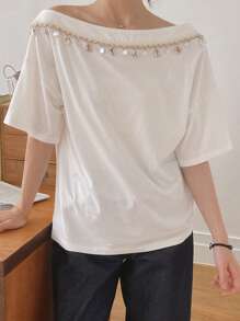 DAZY Women's Summer Casual Asymmetrical Neckline Pendant Decor T-Shirt - White - View 5