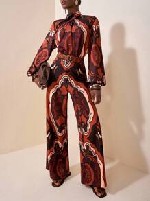 Zivah 2025 夏季新款音乐节、复活节、母亲节、婚礼季、出席婚礼、生日派对、日常穿着、百搭百搭、休闲、度假、邮轮旅行、海滩、日光浴、病毒式传播、街头服饰、优雅、通勤交叉领灯笼袖阔腿裤、对称复古印花女式连体裤 - A - 彩色 - 查看 6