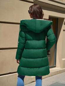 EURMUSE Women's Two-Tone Hooded Pocket Zip-Up Mid-Length Winter Jacket - Green - View 3
