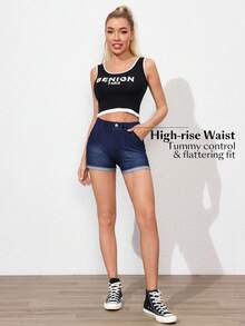 SHEIN EZwear Shorts vaqueros ajustados de verano para mujer con bolsillos inclinados elásticos y puños - Azul - Ver 4
