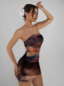 Aloruh 休闲优雅性感抽象图案棕色咖啡性感全印花抹胸紧身休闲夏装，适合夏季、度假、派对 - 彩色 - 查看 4