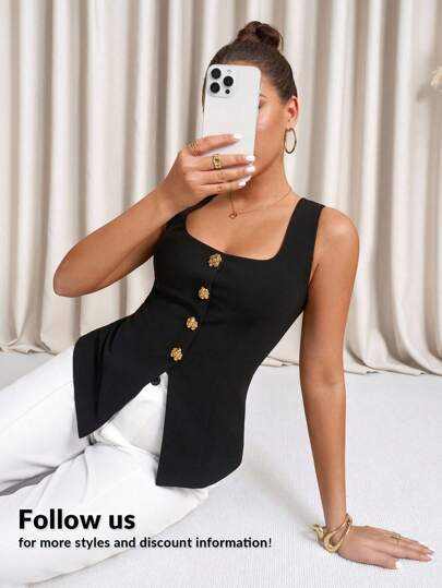 Lavishia Women's Square Neck Metal Flower Button Up Vest, Fashion Blouse Elegant Summer Outfits For Women Vacation Outfits Business Casual Woman Cute Summer