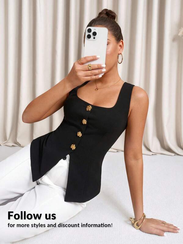 Lavishia Women's Square Neck Metal Flower Button Up Vest, Fashion Blouse Elegant Summer Outfits For Women Vacation Outfits Business Casual Woman Cute Summer