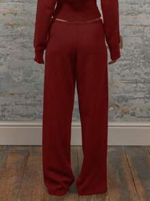 MUSERA Low Rise Drawstring Waist Rib Knit Wide Leg Casual Trousers Airport Holiday Vacation Summer Beach Fall Autumn Winter Everyday  Office  Chic - Burgundy - View 4