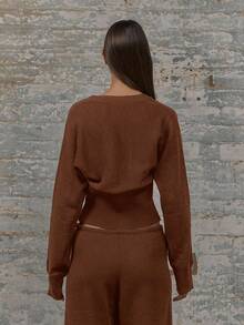 MUSERA Áo khoác cardigan dệt kim cổ chữ V, cài nút, eo bo gân, tay áo bó sát, phong cách mùa xuân, những năm 2000, dễ thương, thích hợp cho sân bay, kỳ nghỉ hè, mùa đông và hàng ngày. - Màu nâu Sô-cô-la - Xem 3