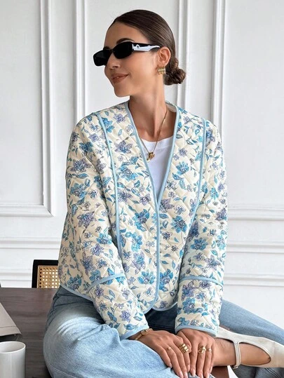Serisse Women's French Casual Blue And White Floral Print Quilted Jacket , Autumn/Winter Casual Jacket Light Jacket Women Women Quilted Jacket,Suitable For Daily Commuting. Autumn Layering, Autumn And Winter New Arrivals.,For Everyday Wear And Layering Back To School, Fall Women Clothes,Cute Tops,Going Out Tops Women,Old Money Style Women,Casual Jacket ,All-Season Casual