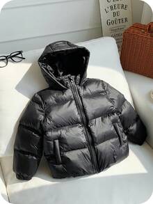 SHEIN Young Boy Black Loose Fit Casual Thick Quilted Hooded Jacket, Suitable For Autumn/Winter Fall - Black - View 7