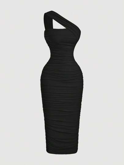 SHEIN X Belle Mariano SHEIN MOD Women's Vintage Asymmetric Ruched Sleeveless Dress, Spring/Summer Dresses, Wedding Guest Dress For Women, Party, Black Formal Evening Gown, Long Bodycon Dress, Black Formal Dress Curve, Frenchy Vacay Dress, Terrace Chill, Glamour Dress, Tea Chat Elegance Dress, Date Night Outfit Curve, Dinner Outfit For Women