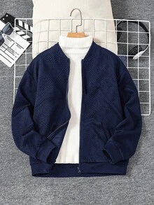 儿童/青少年男童休闲运动罗纹领宽松厚双层针织拉链夹克，适合通勤、上学、日常、旅行、运动、春夏秋冬，藏青色；男童冬装；男童秋装 - 藏蓝色 - 查看 3
