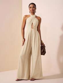 Zivah 2025夏季新款音乐节复活节母亲节婚礼生日派对日常出游基础百搭休闲度假邮轮旅行沙滩海边日光浴网红爆款街头风优雅通勤商务休闲深V领挂脖交叉绑带性感露背百褶宽松阔腿裤女连体裤 - 杏色 - 查看 3