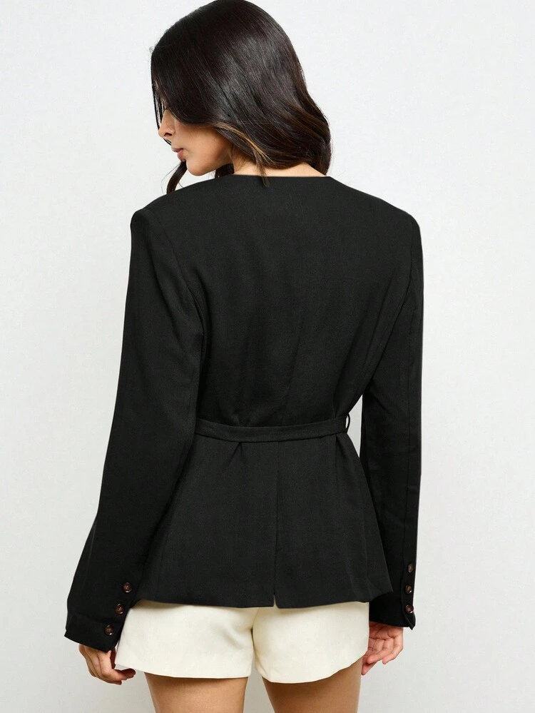 Plunging V Neck Linen Blazer With Double Pockets