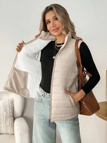 SHEIN LUNE 女士休闲纯色保暖无袖羽绒服，基础款秋冬羽绒背心，适合叠穿，冬季百搭，适合外出穿着，秋季新款，时尚百搭，适合冬季外出穿着。 - 米色 - 查看 11