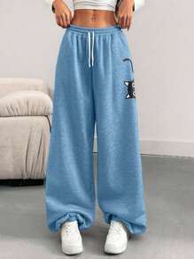 EURMUSE Pantalones de chándal con cordón y estampado de gato de dibujos animados para mujer de talla grande - Celeste - Ver 5