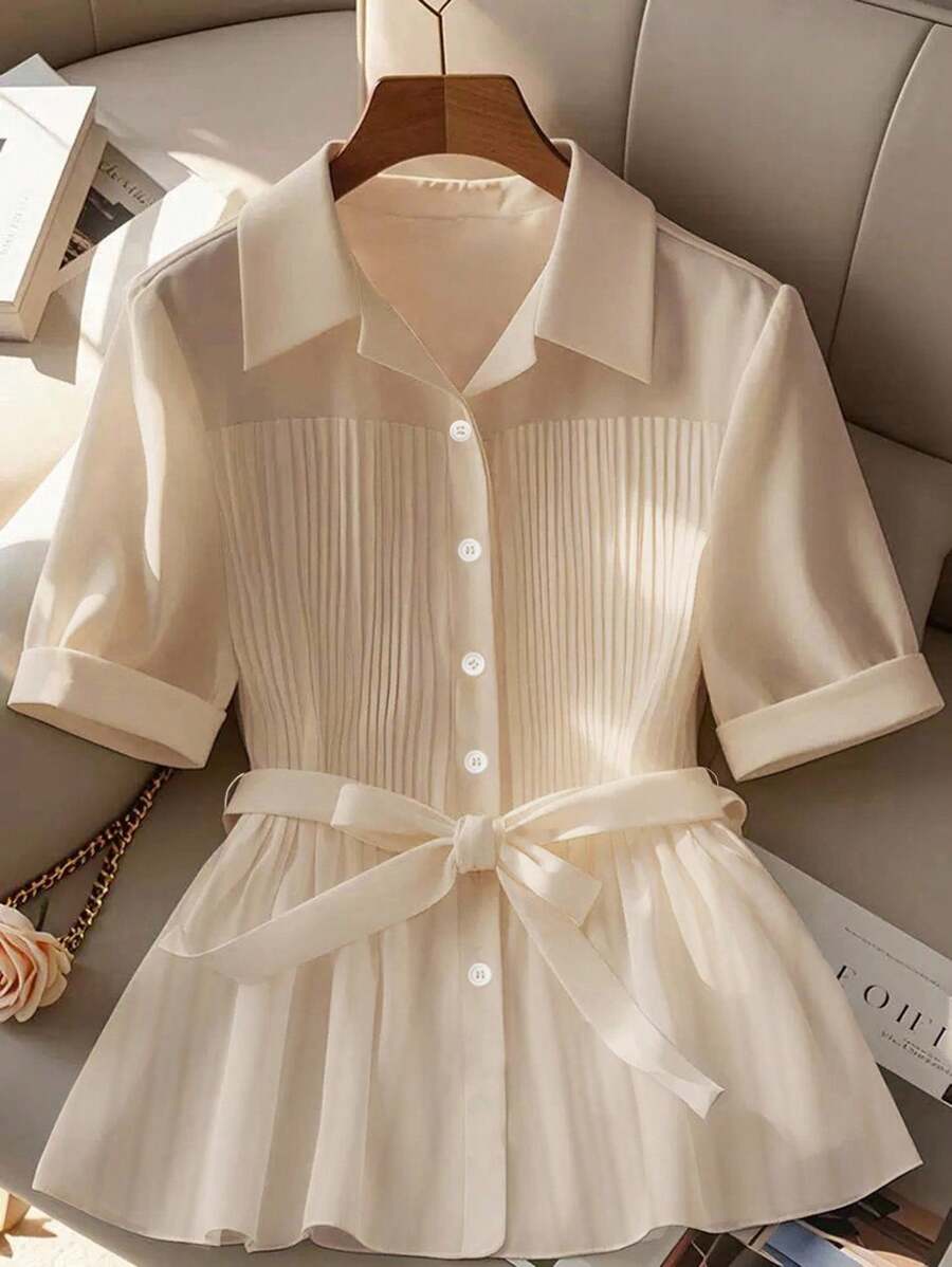 SHEIN Clasi 女士纯色短袖单排扣褶皱休闲衬衫