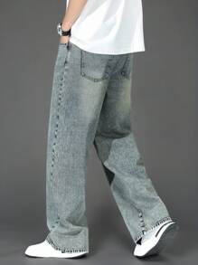 SHEIN 青少年男童新款水洗时尚宽松直筒牛仔裤，街头风休闲百搭牛仔裤，四季皆宜，秋冬季时尚有型。 - 中等水洗藍 - 查看 8