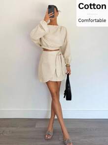 Siren Gaze 女士纯色灯笼袖船领衬衫和侧系腰裙休闲两件套 - 杏色 - 查看 6