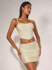 SHEIN BAE Summer Women's Suspenders Apricot Shiny Sequins Ladies Bra Tops & Sequins Skirts, Ladies Two-Piece Suits, Suitable For Graduation Parties, Dates, Banquets, Parties, Sister Gatherings,Seaside Beach Party