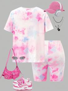 SHEIN Explorewe 2 件女童数码印花可爱卡通扎染针织上衣和裤子套装，舒适且适合休闲穿着、居家、海滩和各种场合 - 彩色 - 查看 2