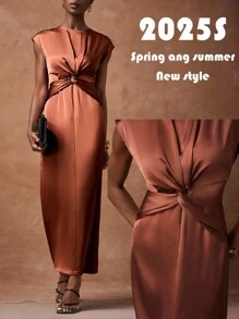 Zivah Robe d'été 2025 pour femmes avec col rond, sans manches, torsadée à la taille, en tissu brillant rouge-brun, convenant pour la fête des Mères, le mariage, l'anniversaire, les occasions décontractées, les vacances, le style de rue, les tenues élégantes et les tenues de bureau - Taupe - Voir 8