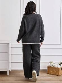 EURMUSE Minimalist Contrast-Trim Lounge Set – Soft Knit Long Sleeve Top & Wide-Leg Pants - Grey - View 6