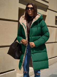 EURMUSE Women's Two-Tone Hooded Pocket Zip-Up Mid-Length Winter Jacket - Green - View 2