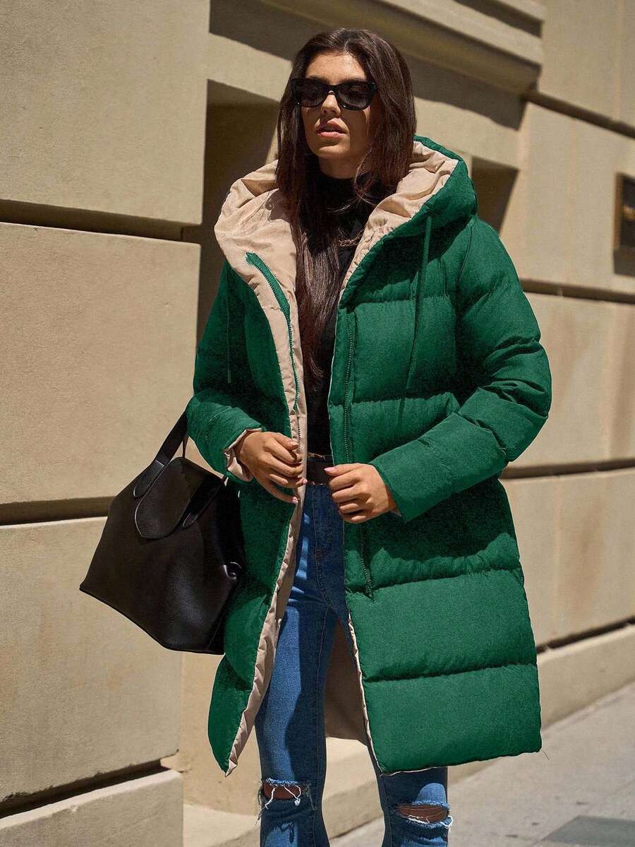 EURMUSE Women's Two-Tone Hooded Pocket Zip-Up Mid-Length Winter Jacket