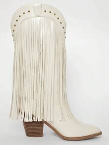 Solezae Giày bốt cao gót mũi vuông tua rua kiểu miền Tây thoải mái cho nữ - trắng - Xem 7