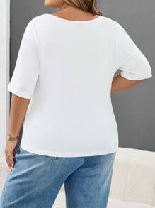 SHEIN CURVE+ 3 قطع/مجموعة تي شيرت نسائي بأكمام قصيرة وياقة مربعة ضيق بلون أحادي، مقاسات كبيرة، ملابس خريف وشتاء - متعدد الألوان - مشاهدة 2