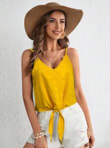 SHEIN VCAY Top de tirantes unicolor bajo con nudo - Mostaza Amarilla - Ver 3