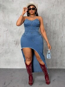 Slaydiva Vestido jeans plus size feminino sexy com fenda alta e sem alças - Azul - Ver 4