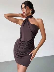 Firerie Women's Mocha Asymmetric Flare Sleeve Mini Dress, Pleated Ruffle Fitted Dress, Fashionable Casual Dress Suitable For Commuting, Elegant, Sexy, Vacation, Beach, Bohemian, Hawaii, Music Festival, Party, Work Attire, Spring/Summer/Autumn/Winter,Wedding Guest Dress,Elegant Dresses For Women,Fall Wedding Guest Dress