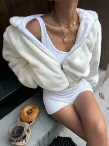 Muchica 女士约会之夜女士休闲蓬松连帽运动衫，秋冬飞行员夹克女士滑雪季夜店风格 - 白色 - 查看 7