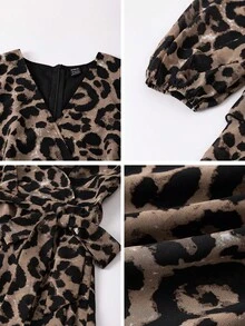 SHEIN Clasi Celure Plus-Size Retro Leopard Print Printed V-Neck Long-Sleeved Casual Mini Dress Suitable For Dates, Commutes And Daily Wear Fall Cloth For Women - Coffee Brown - View 7