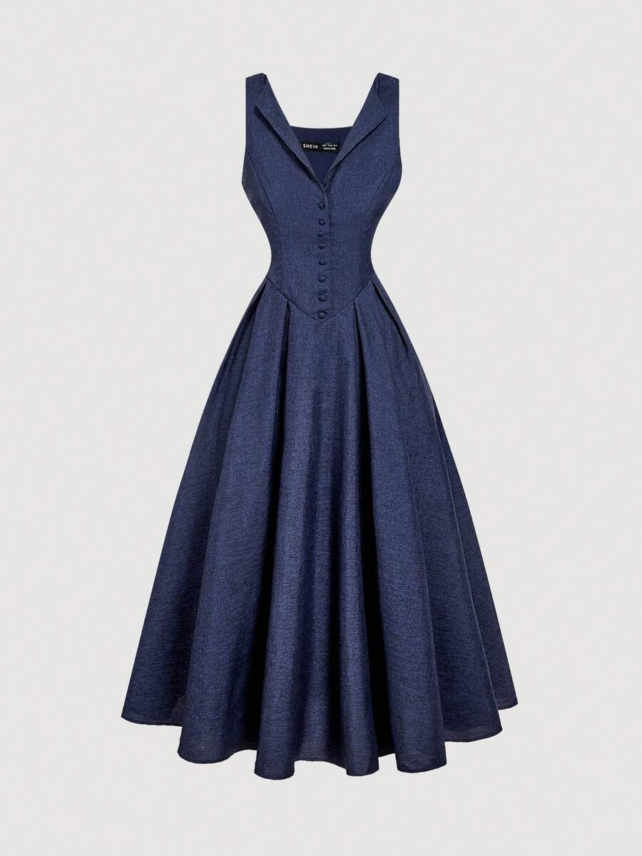 SHEIN MOD Váy midi thắt eo phía trước có cổ cài nút màu xanh navy - Màu xanh hải quân - Xem 1