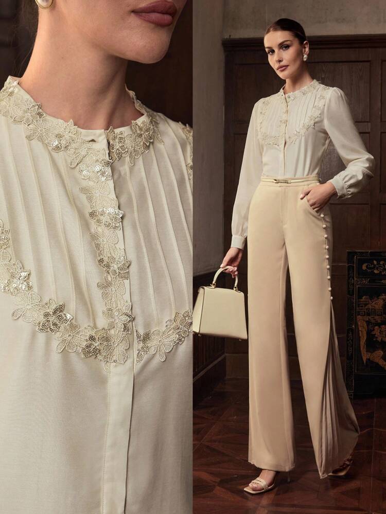 ZEYLAH Women's Floral Print Embellished Bubble Long Sleeve Elegant Blouse Fall Cloth For Women