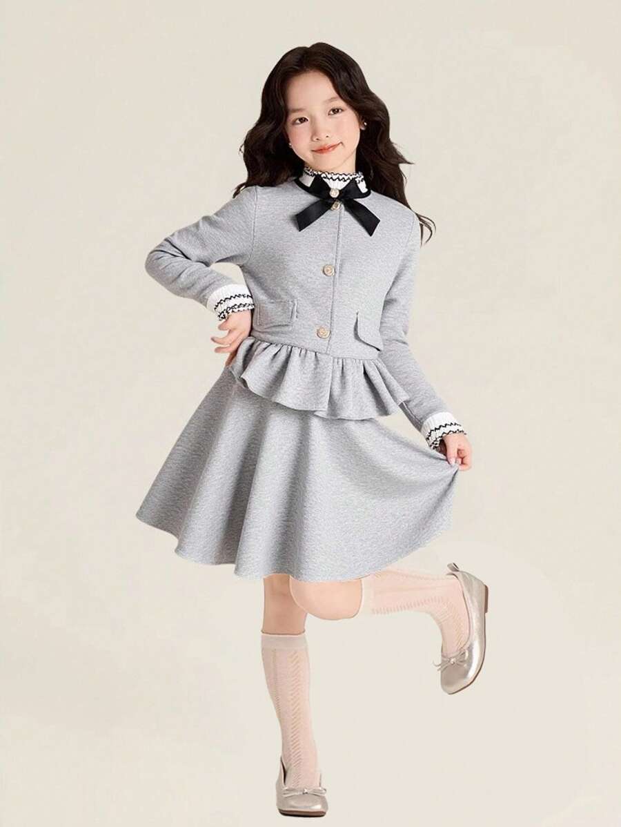 Tween Girl Ruffled Trim Academy Style Jacket And Mini Skirt Set, Formal Occasion, Autumn/Winter
