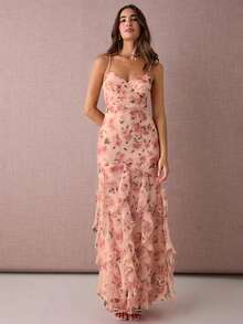 Enchnt 秋冬浪漫女士优雅粉色花卉印花拼布荷叶边下摆修身优雅吊带长裙，甜美优雅，适合度假、约会、节日、派对、毕业典礼、婚礼宾客和海滩、舞会礼服、优雅派对礼服 - 粉色 - 查看 5