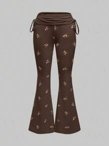 ROMWE J-Fashion 可爱鹿刺绣蕾丝上衣搭配鹿印花喇叭裤 - 棕色 - 查看 3