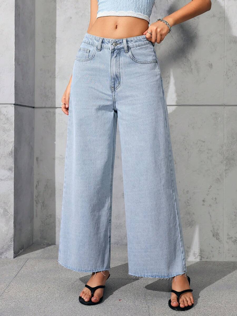 Jeanoix 休闲水洗低腰阔腿牛仔裤 - 淺色水洗藍 - 查看 1