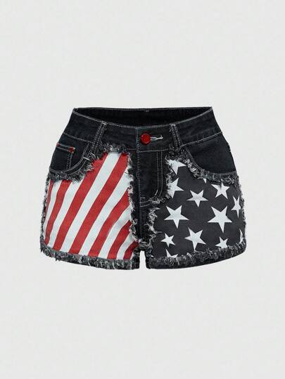 ROMWE Avant شورت جينز مقطع مطبوع بعلم أمريكا الرجعي مقاس كبير